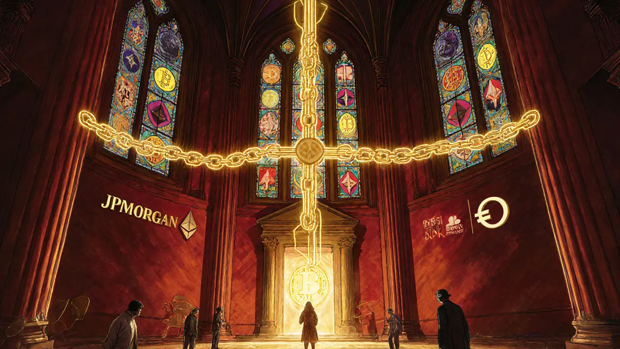 Храм финансов с ISO 20022 витражами, через который течёт золотой поток данных.