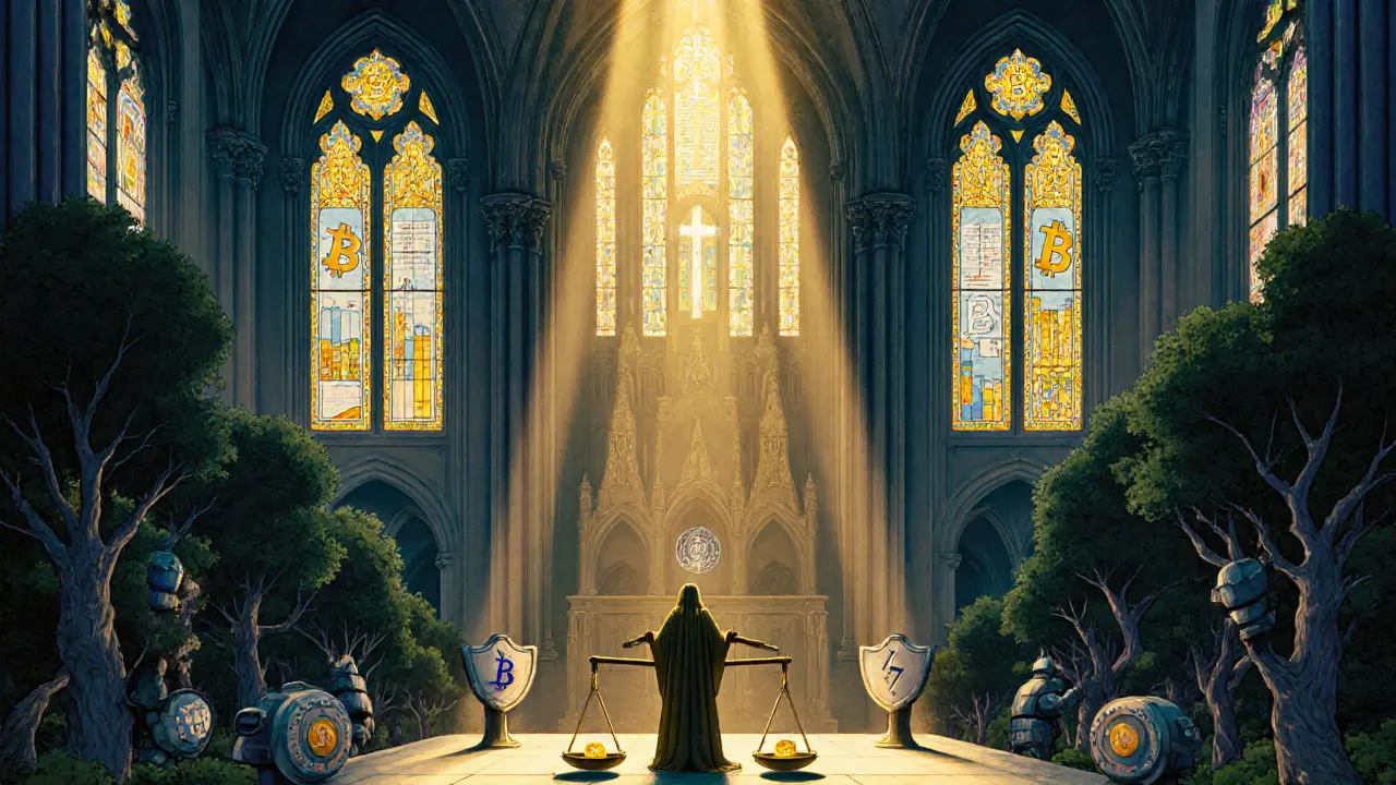 Храм криптовалюты с витражами, изображающими стратегии выхода и диверсификации.