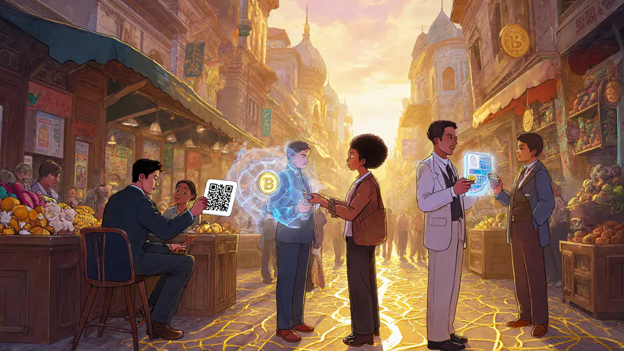 Люди расплачиваются BNB в международном рынке — кофейня, стейкинг-интерфейс и DEX-экран под золотым светом.