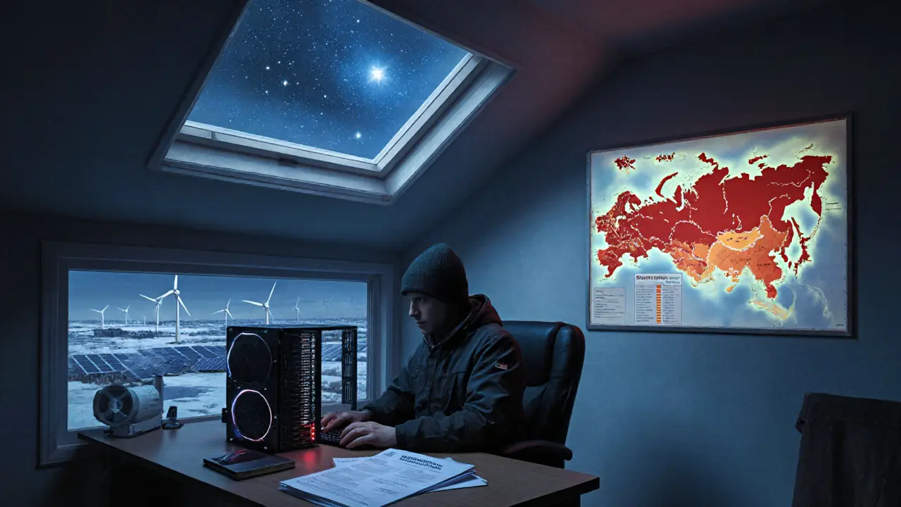 Майнер в доме с ASIC-майнером, на стене карта России с запрещёнными регионами, на столе налоговая декларация и счёт за электричество