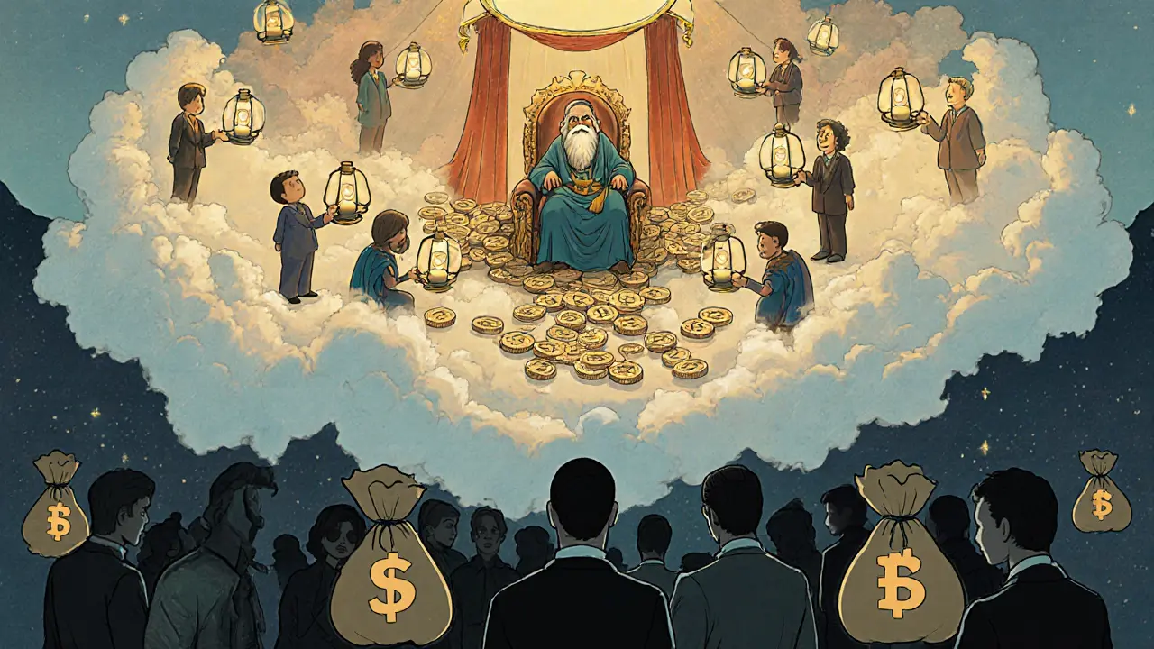 Небесный зал голосования: мелкие пользователи делегируют голос мудрецу, а богатые тени наблюдают.