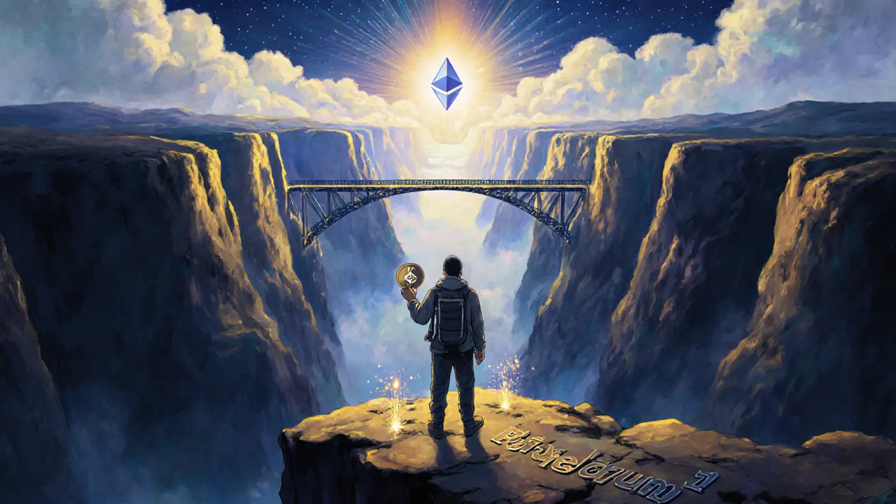 Путешественник стоит у каньона между Ethereum L1 и L2, видя будущее WBTC 2.0.