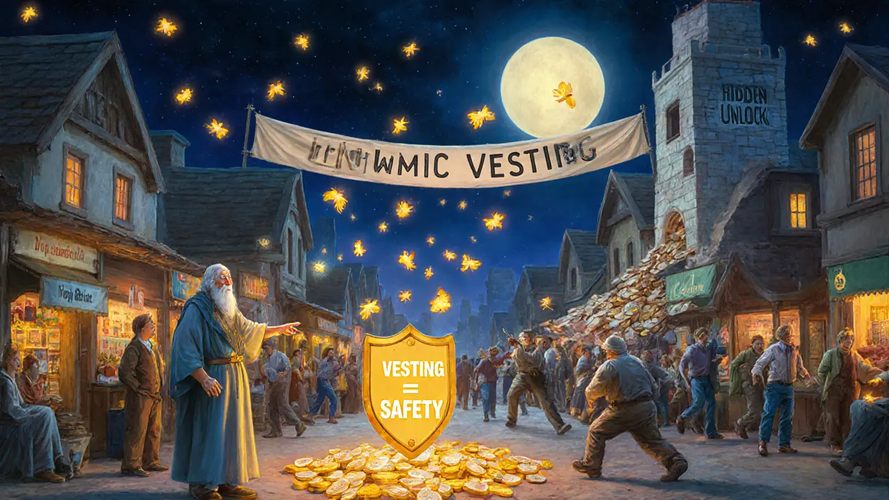 Рынок при лунном свете: токены высвобождаются только при достижении целей, защитный щит на переднем плане.