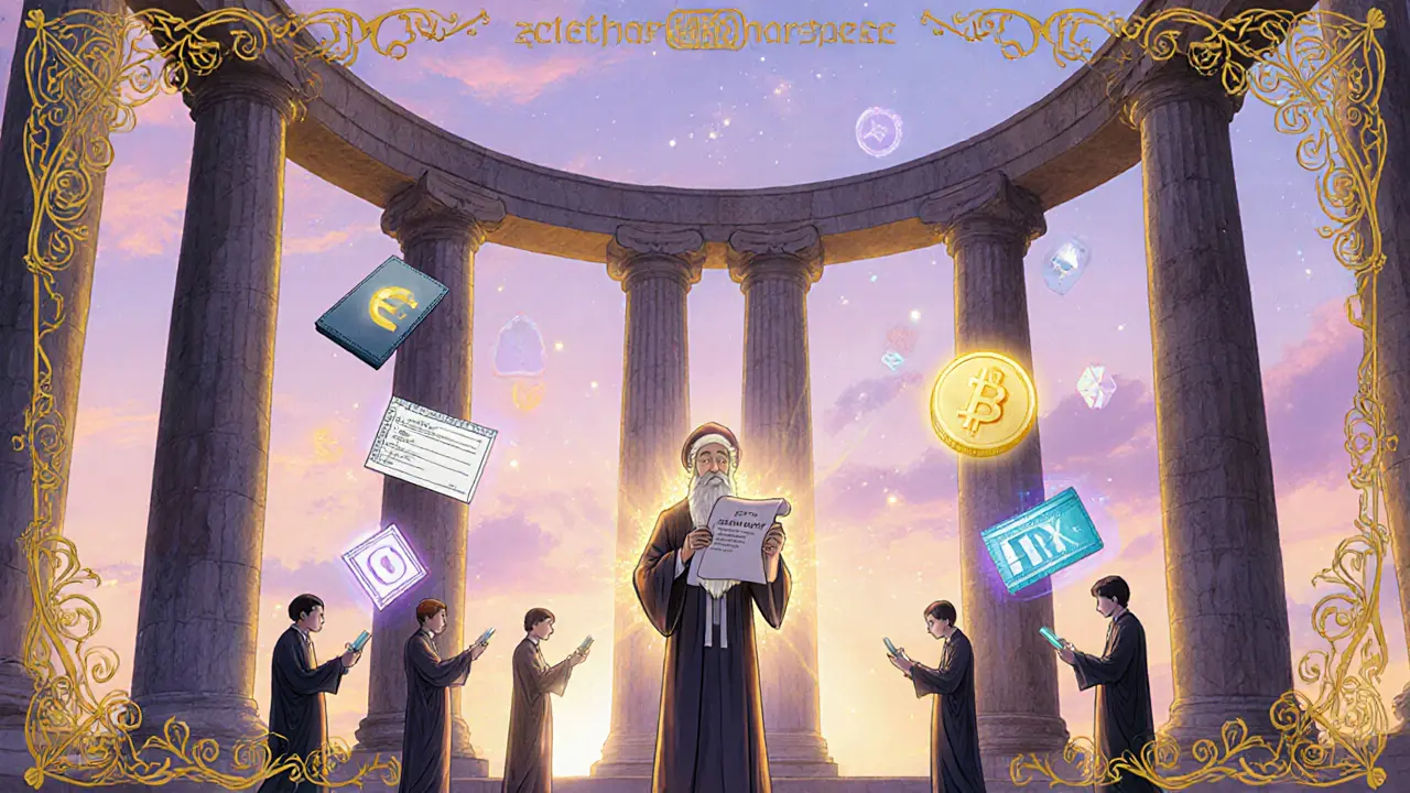 Сцена храма блокчейна с пятью столпами правил безопасных переводов, мудрец держит транзакционный ID как священный свиток.