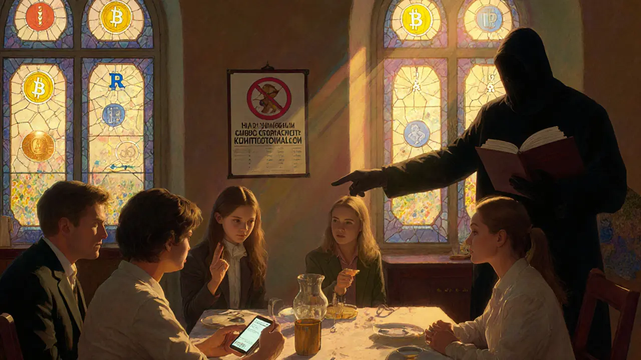 Семья за столом, один смотрит на телефон с транзакцией, другой указывает на запрет тратить криптовалюту, теневой налоговый орган у окна