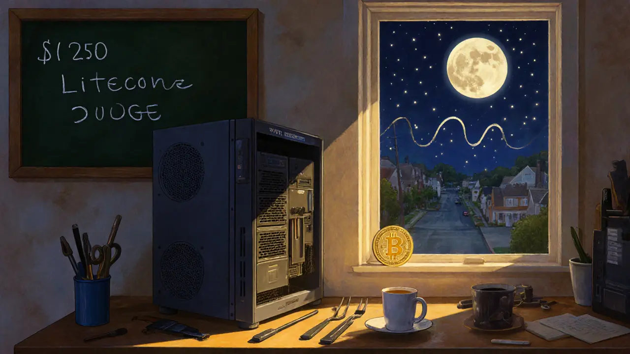 Спокойная сцена майнинга Litecoin и Dogecoin в гараже с лампой и чёрной доской с доходами.