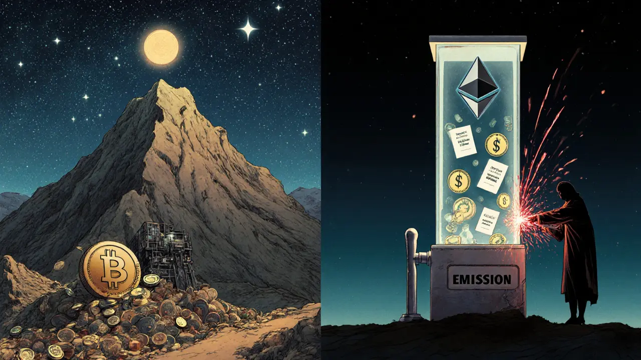 Сравнение Bitcoin как горы с майнерами и токенами на хрупкой башне на Ethereum.