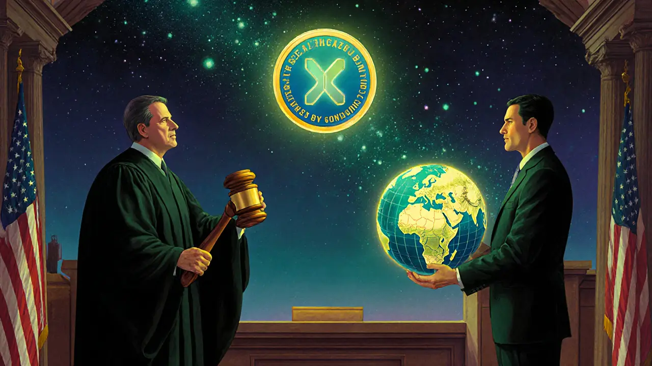 Судебная сцена с XRP-монетой между SEC и банкиром, окруженная звездами-узлами блокчейна.