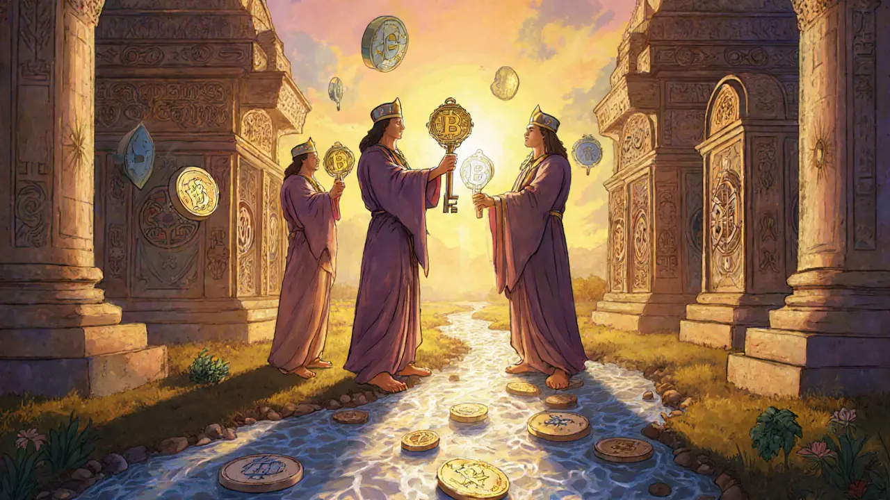 Три хранителя выпускают токены WBTC в реку смарт-контрактов к DeFi-храмам.