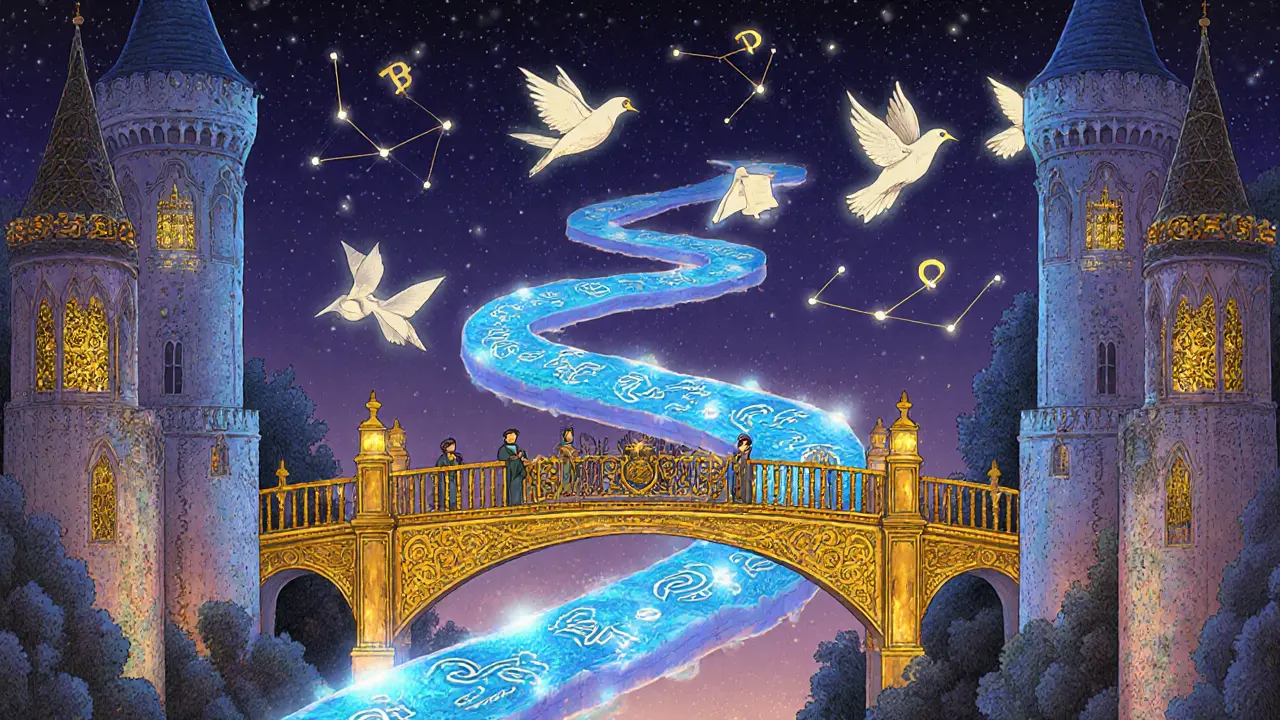 Три магических пути соединения блокчейнов: мост, руны и птицы с письмами.