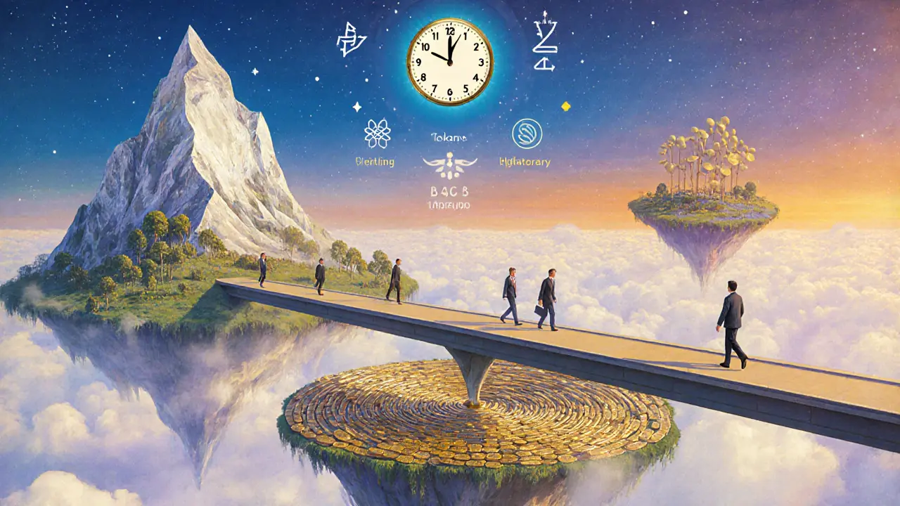 Три модели токеномики: гора, вихрь и мост, плавающие в волшебном пейзаже.