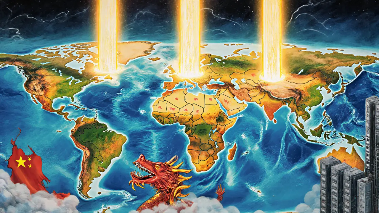 Три светящихся столба энергии поднимаются из США, Казахстана и России, символизируя новую географию майнинга.