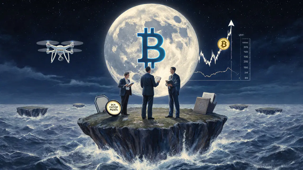 Три трейдера на острове наблюдают за автоматизированным выходом под луной из Bitcoin.