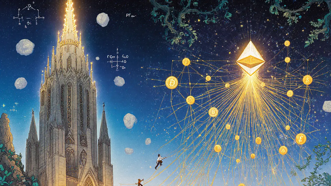 Величественный храм с двумя блокчейн-башнями: самостоятельной и зависимой, в сияющем свете.
