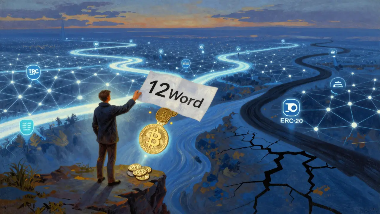 Человек держит бумажную фразу, а криптовалюта безопасно переходит в кошелек под закатом.