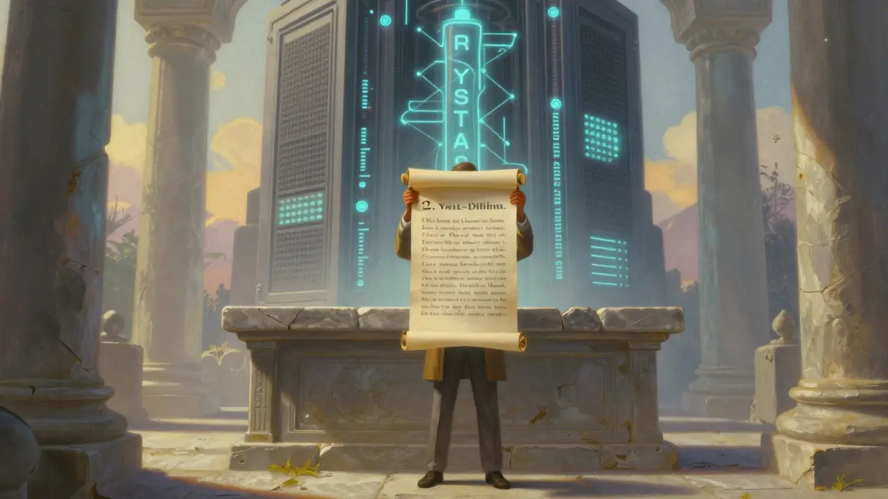 Человек держит бумажную фразу-семя, позади — гигантский квантовый компьютер с алгоритмами будущего, озарённый рассветом.