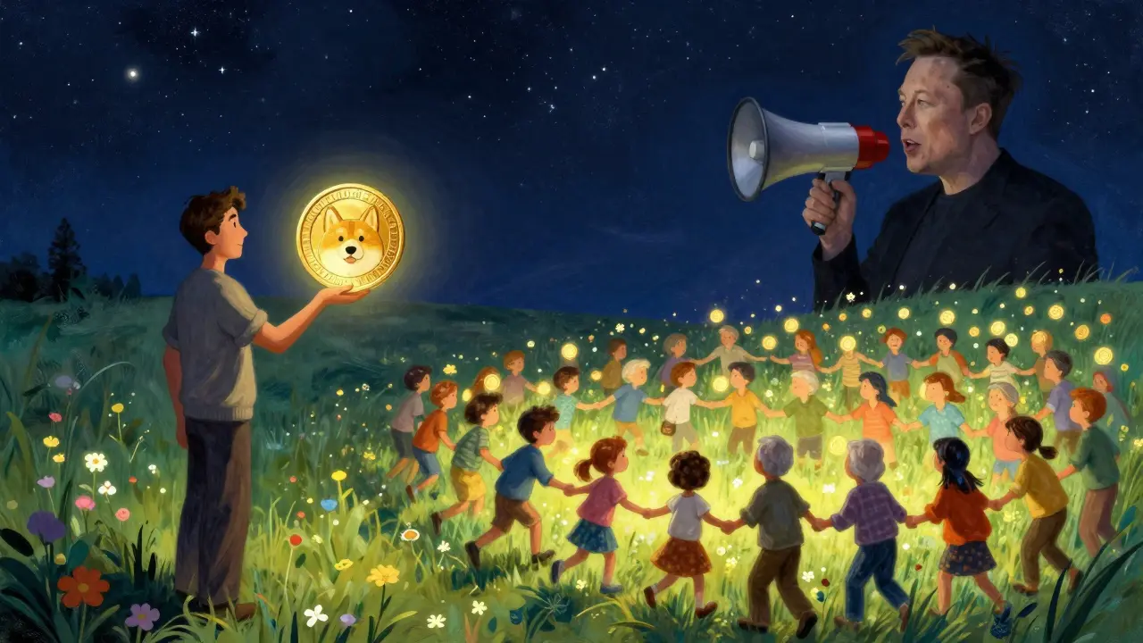 Человек держит монету DOGE под звездами, а люди передают её друг другу в свете цифровых цветов.