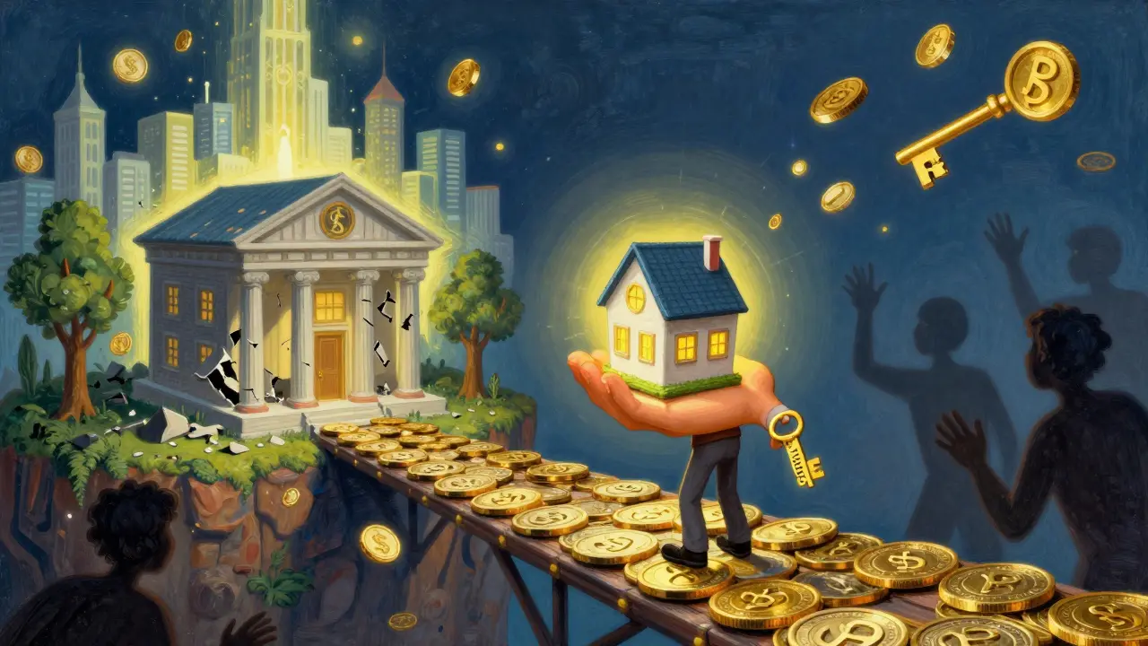 Человек стоит на мосту из токенов, держа NFT-дом и ключ Web3, за спиной — руины банка и цифровой город.