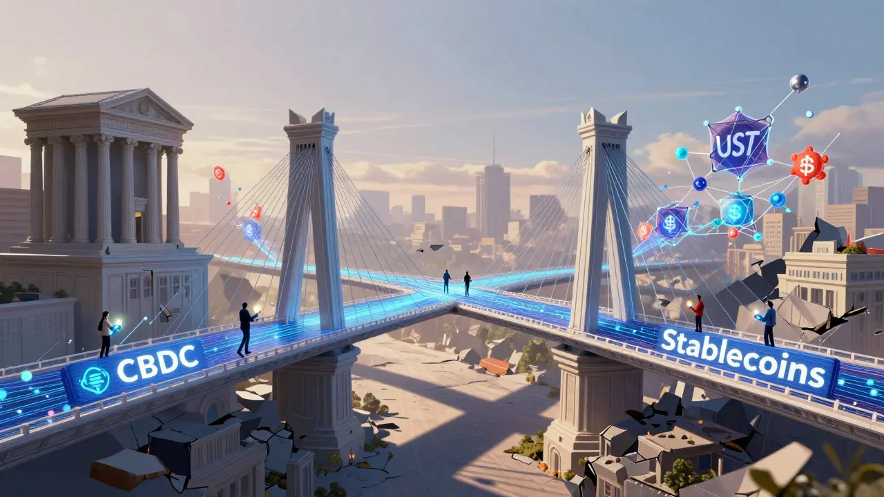 Цифровой мост между государственными и частными валютами, освещенный рассветом.