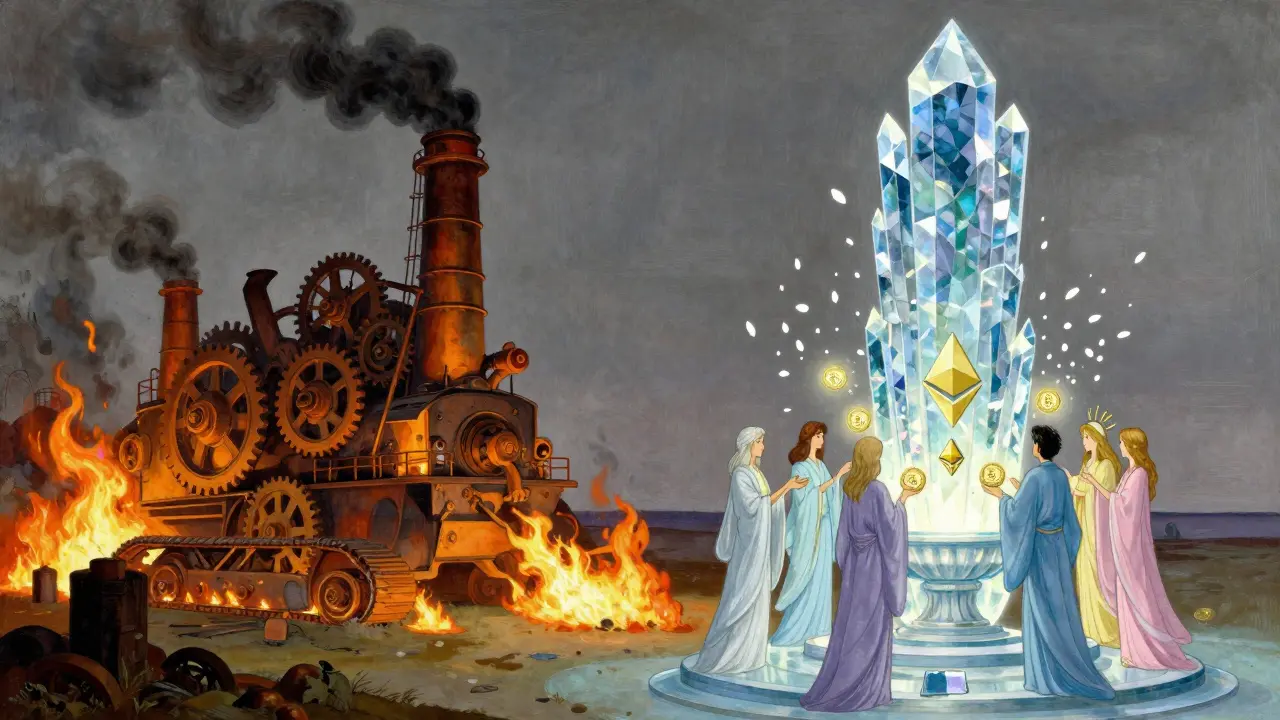 Contrasting scenes: fiery mining rig on left, serene crystalline tower with ETH tokens on right under soft light.