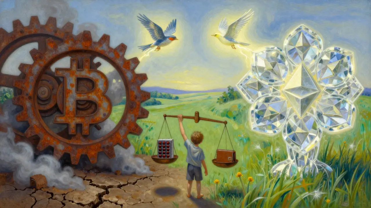 Диptyх: тяжелая шестерня с Биткоином и хрустальная сеть с Эфириумом, разделенные весами.