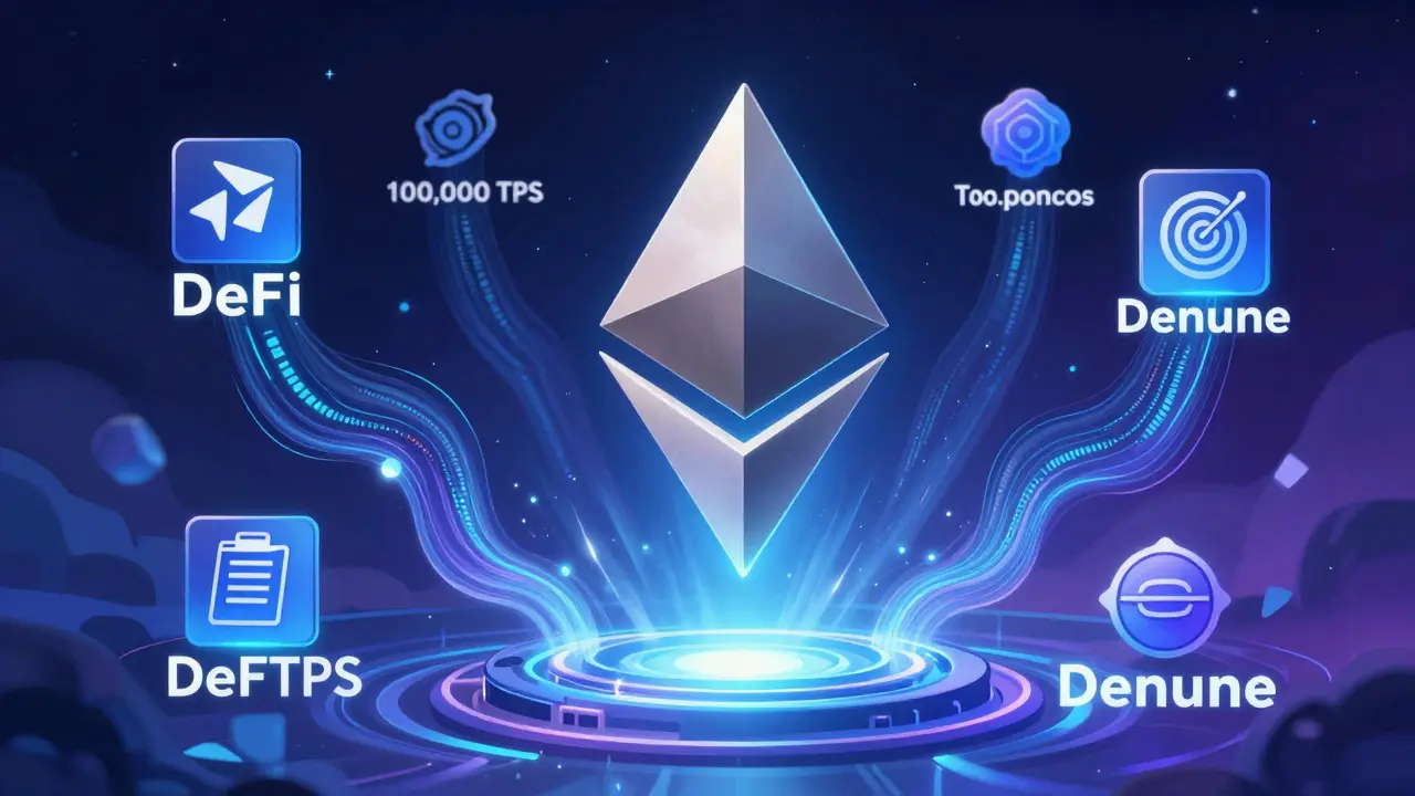 Эфириум как центральный механизм с потоками данных, олицетворяющий децентрализованные финансы.