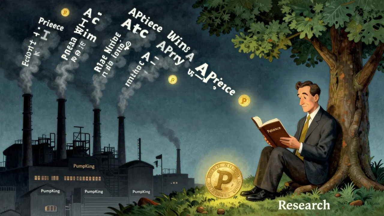 Фабрика пампов сбрасывает AI-сообщения в небо, в то время как спокойный инвестор читает книгу под деревом.