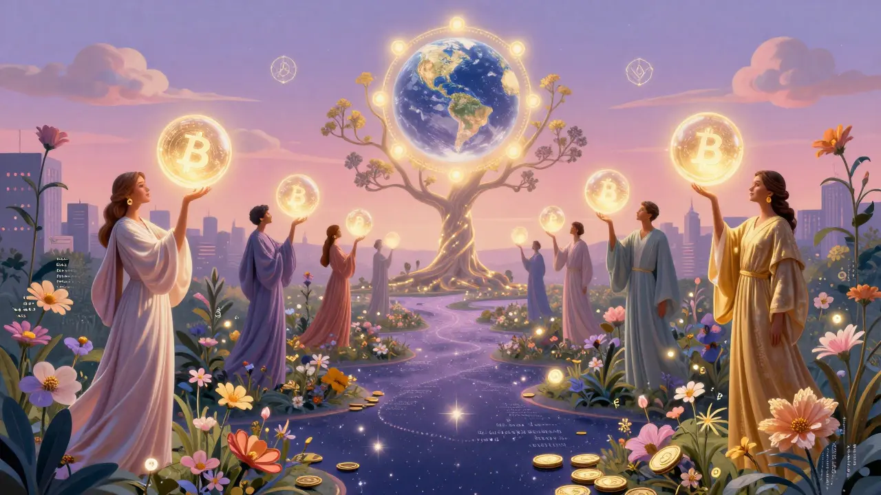 Фигуры в сияющих одеждах ухаживают за светящимися криптовалютными сферами в волшебном саду.