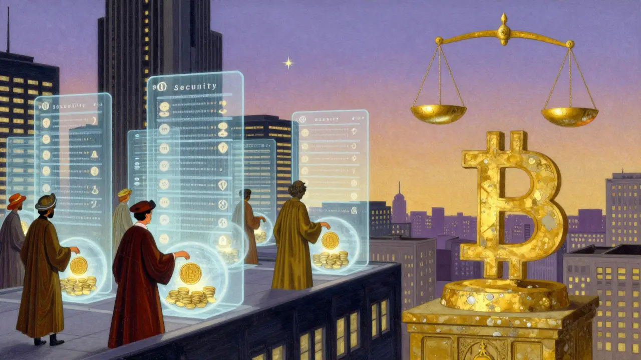Futuristic city with floating ledgers and citizens staking coins, while a golden Bitcoin statue stands distant in twilight.