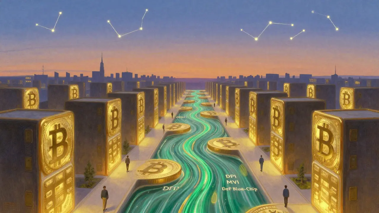 Город из блокчейн-зданий с реками индексов, символизирующий долгосрочное инвестирование.