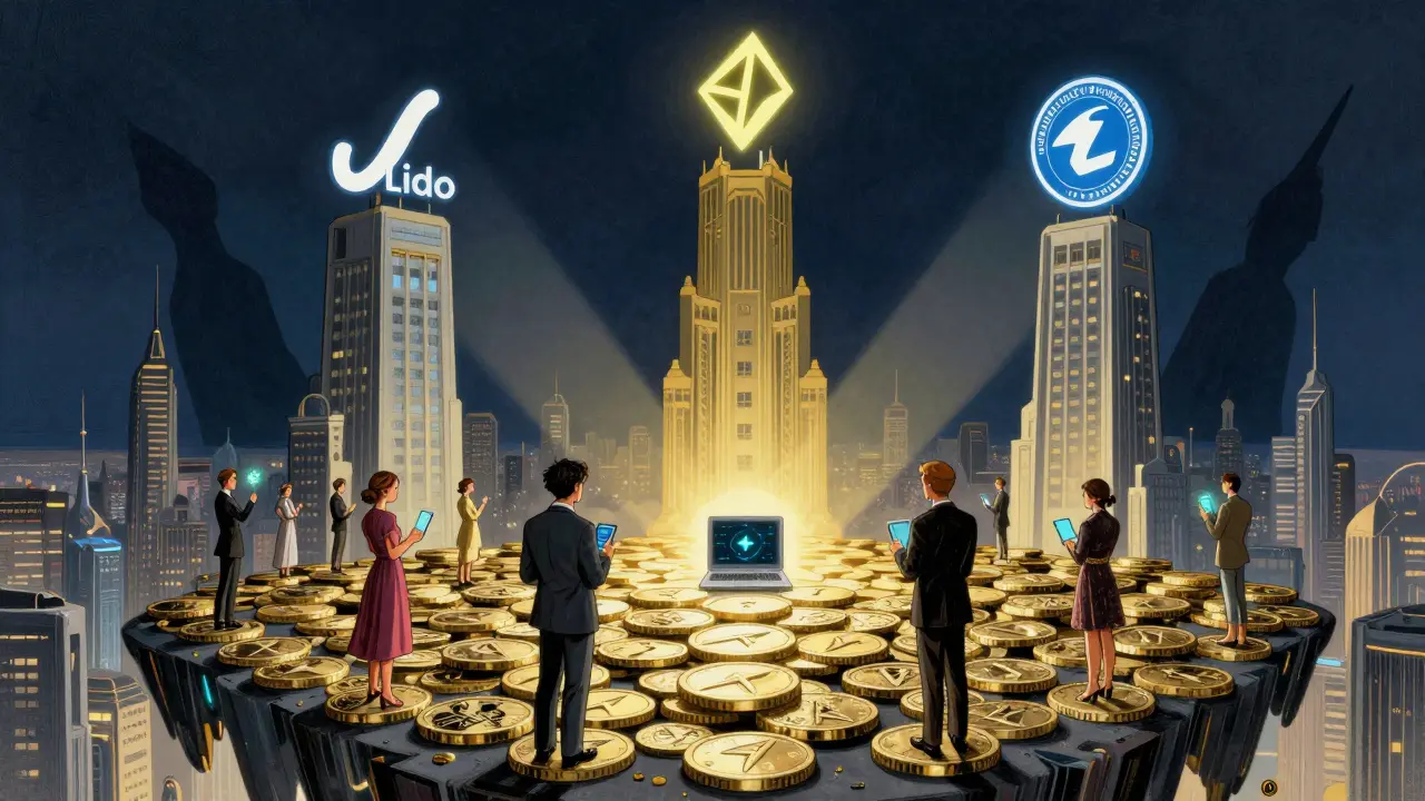 Город на ETH-платформе с корпоративными башнями и маленьким валидатором в центре.