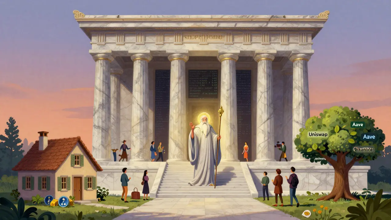 Храм блокчейна с мудрецом, активирующим смарт-контракт, вокруг — сцены DeFi.