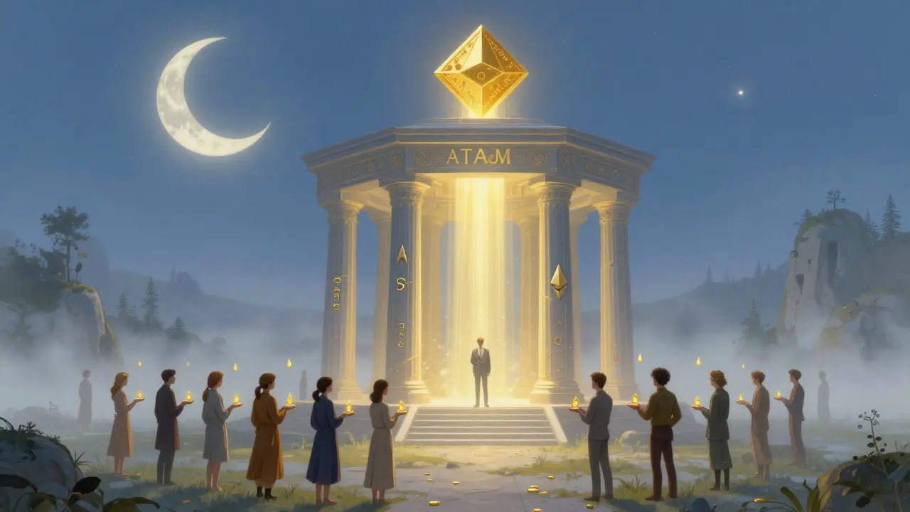 Храм блокчейна в туманной долине, люди получают вознаграждения под светом луны-блокчейна, в стиле Максфилда Парриша.