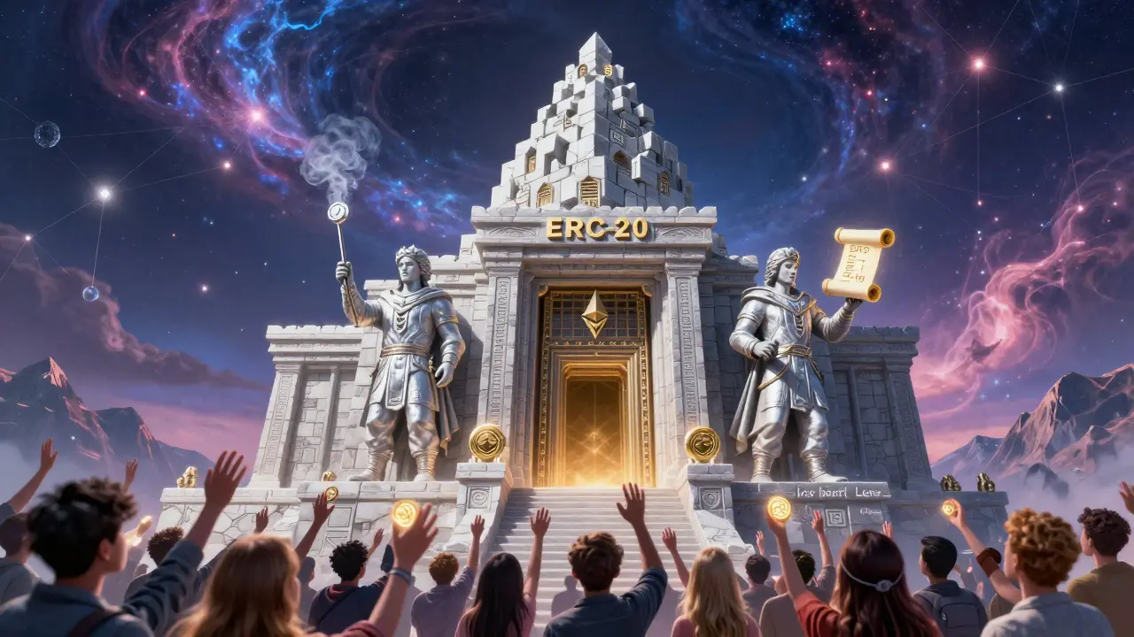 Храм ERC-20 на горе из блоков, охраняемый двумя фигурами, толпа тянется к свету — в стиле Максфилда Парриша.