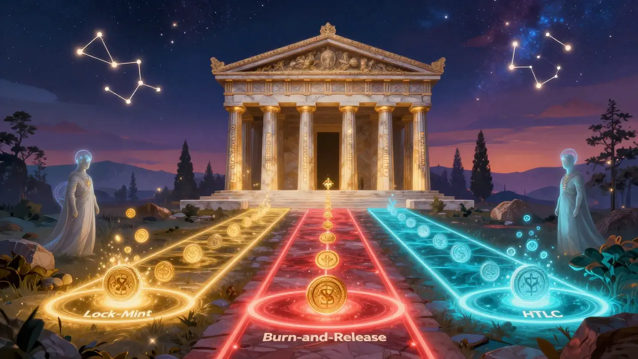 Храм с тремя светящимися путями, представляющими протоколы перевода токенов между блокчейнами.