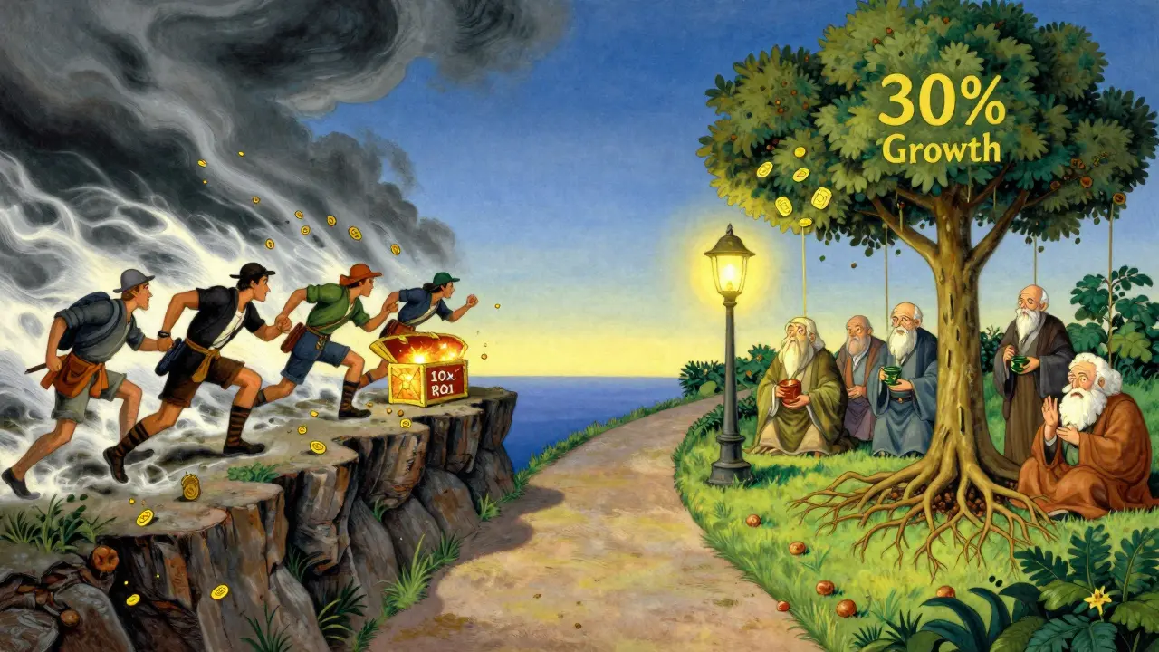 Иллюстрация в стиле Максфилда Парриша: две дороги — одна к хаотичному сокровищу, другая к спокойному саду с фонарем роста.