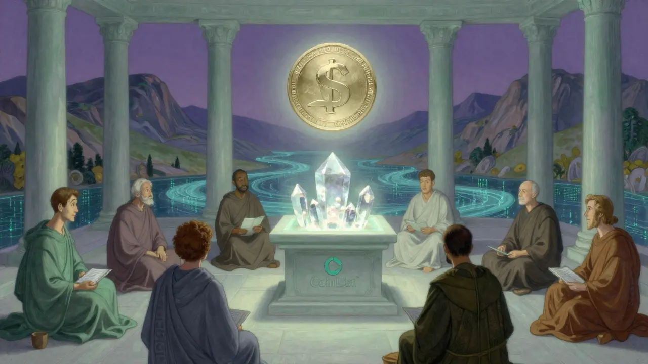 Иллюстрация в стиле Максфилда Парриша: спокойные инвесторы вносят USDC в алтарь CoinList, вокруг — умиротворяющий пейзаж с цифровыми потоками.
