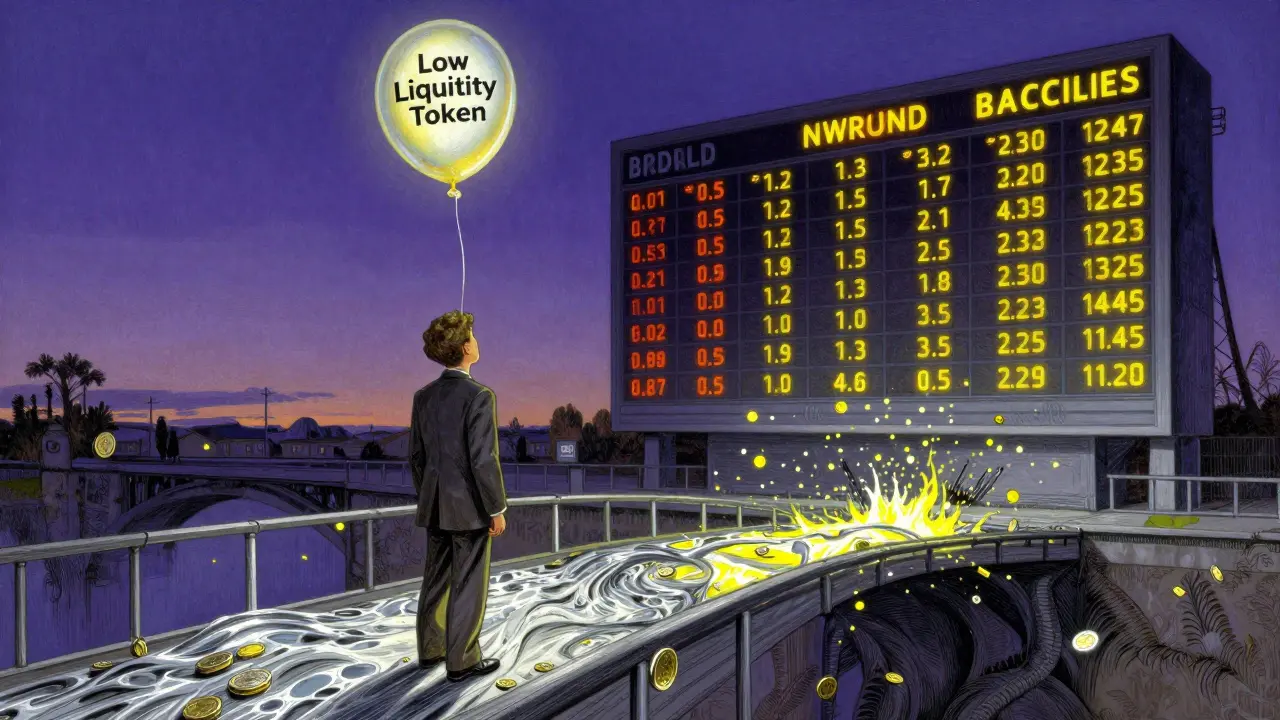 Инвестор на мосту из данных, смотрит на цифровой счетчик, а шарик с токеном лопается.