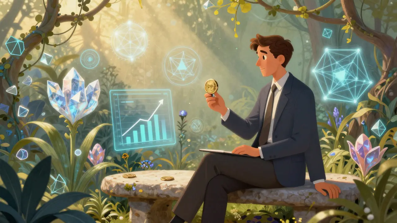 Инвестор спокойно сидит в цифровом саду, наблюдая за автоматической ребалансировкой.