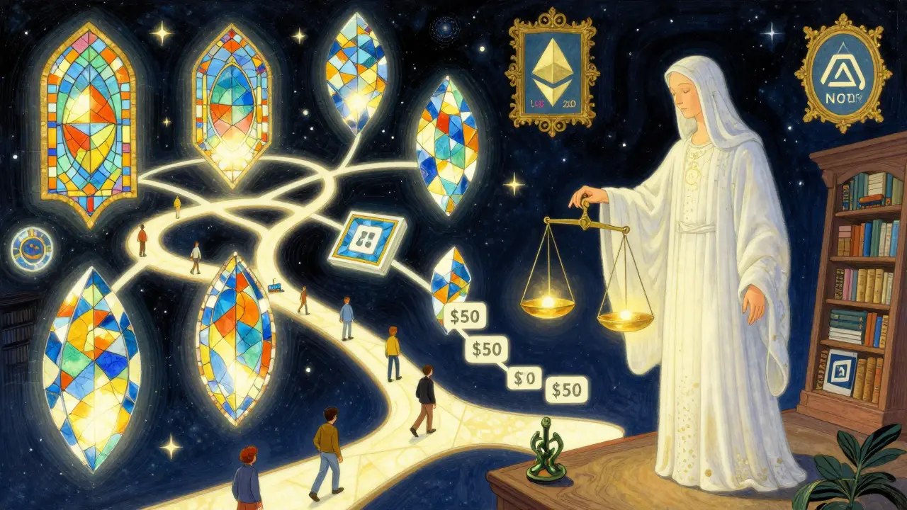 Космическая библиотека с 64 блокчейн-сегментами и фигурой Ethereum 2.0, снижающей комиссии.