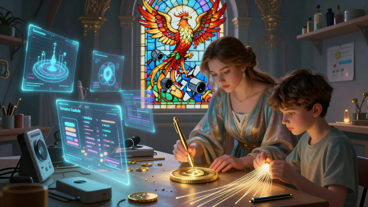 Мастерская, где создают протоколы приватности: женщина гравирует руну Seraphis на монете, вокруг — голографические инструменты анонимности.