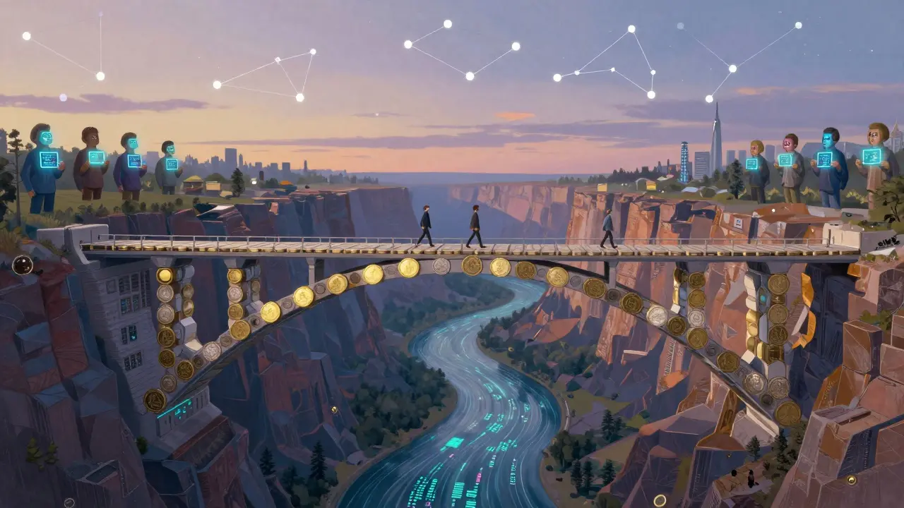 Мост из монет ADA пересекает каньон, граждане с цифровыми идентификаторами переходят к городам будущего.
