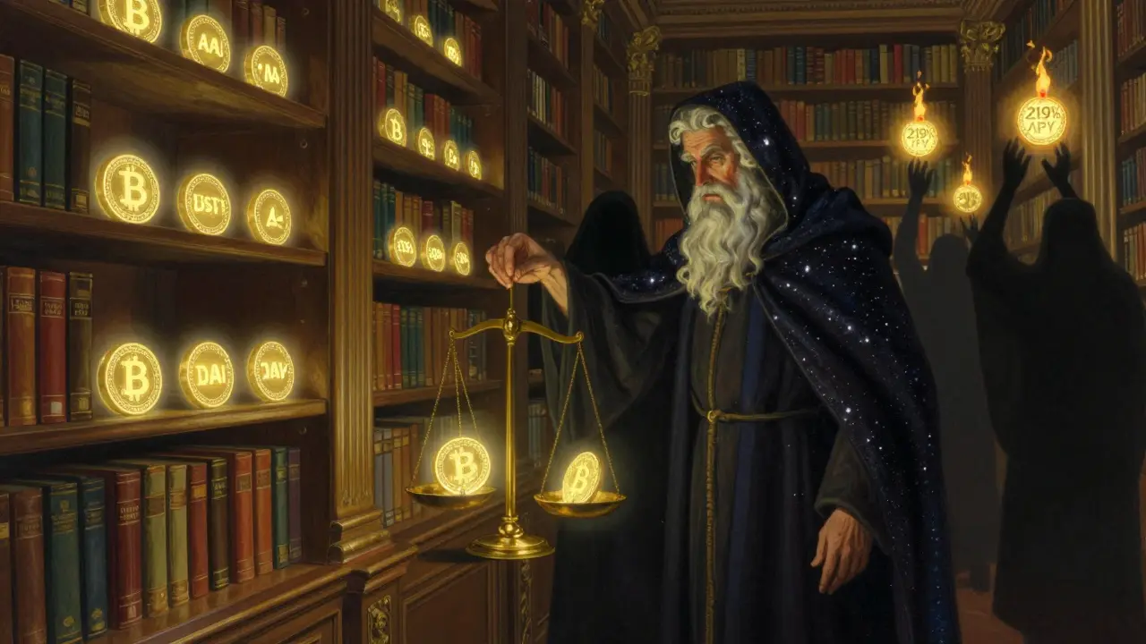 Мудрый человек кладет USDT на весы, а тени тянутся к опасным высокодоходным токенам, в стиле Максфилда Парриша.