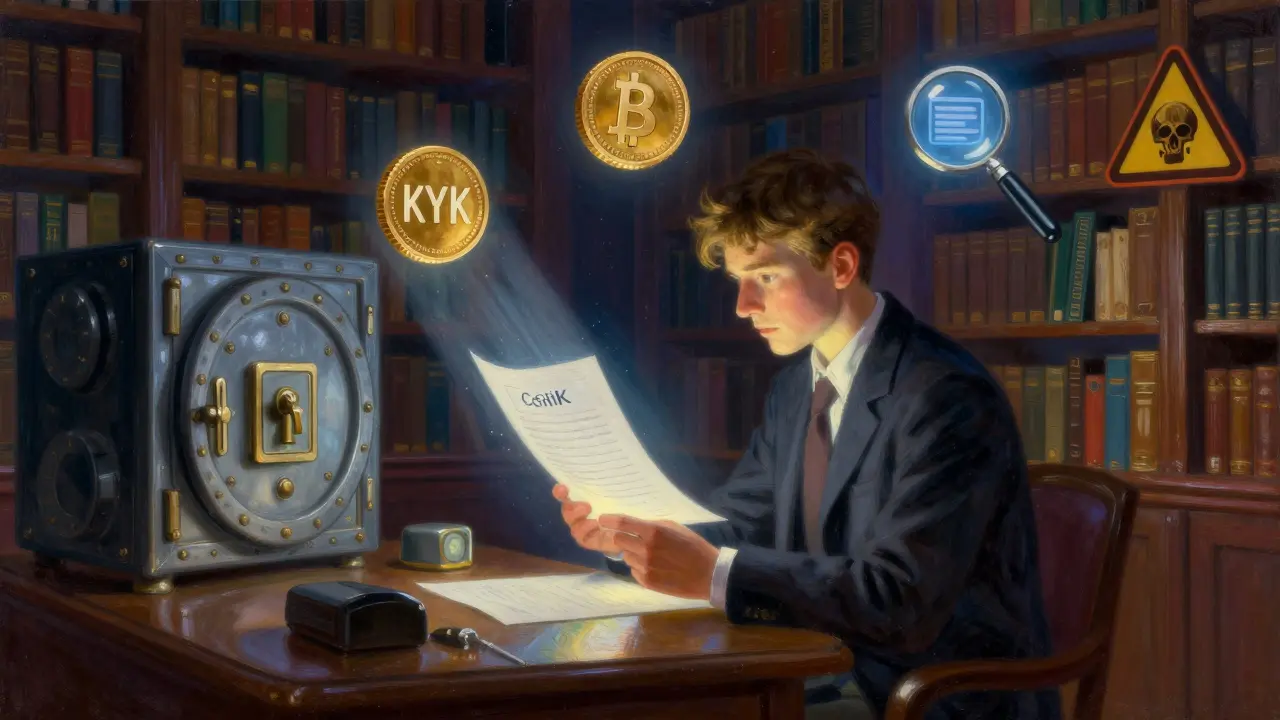 Новичок изучает белую книгу под лучом света, вокруг — символы KYC, стейкинга и аудита.