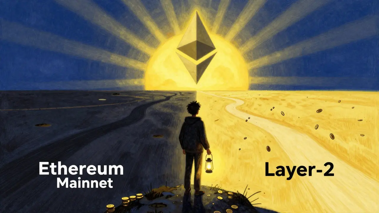 Новичок с фонариком перед двумя путями: медленным и быстрым блокчейном.