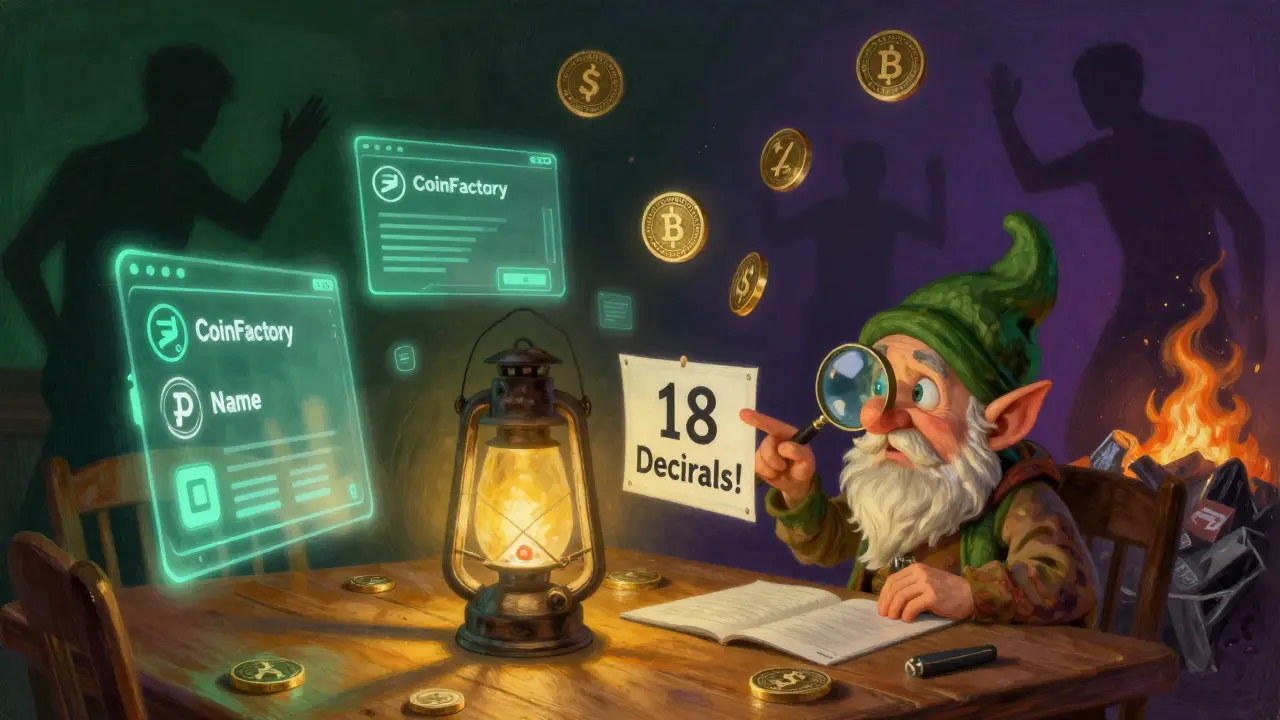 Новичок за столом с голографическими элементами токена, гном показывает на предупреждение о 18 десятичных знаках.