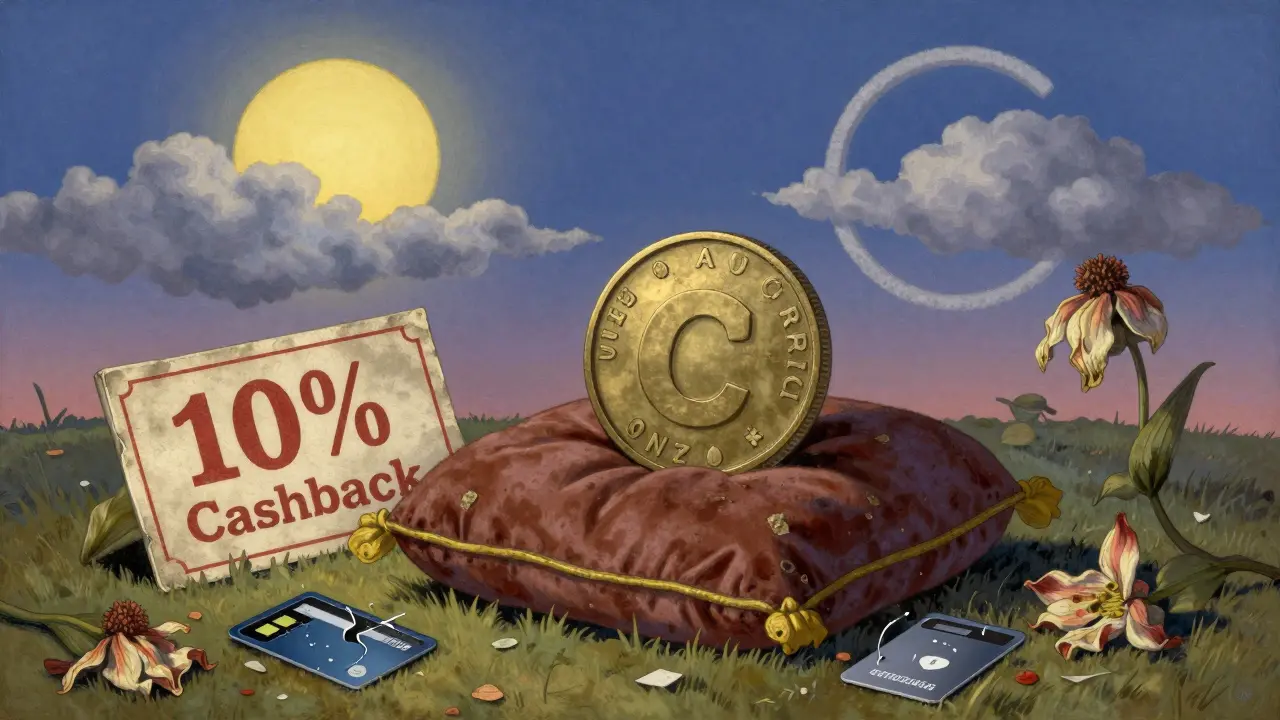 Одинокий токен CRO лежит на бархатной подушке рядом с выцветшим купоном, вокруг — сломанные карты и увядшие цветы.