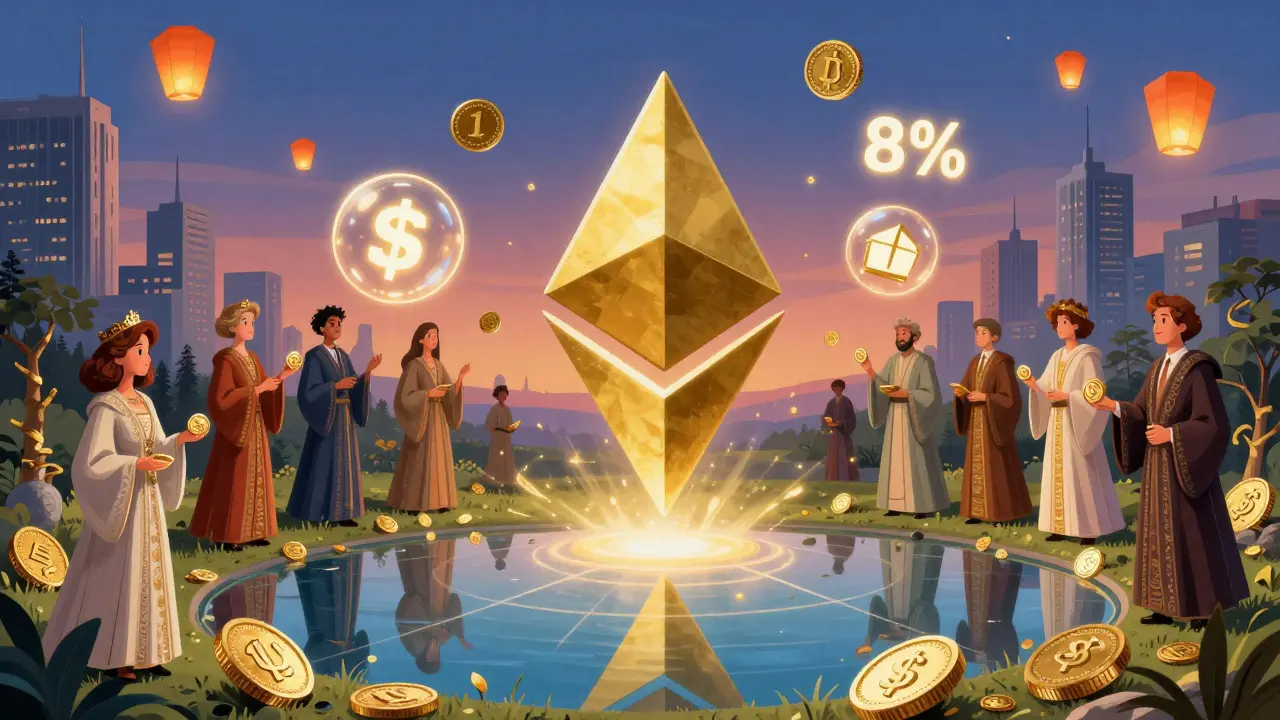 Пользователи в роскошных одеяниях обмениваются стейблкоинами над озером с отражением Ethereum.