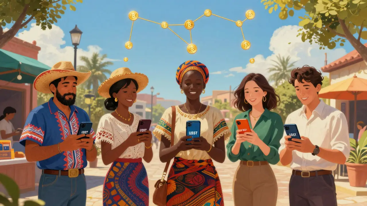 Предприниматели из разных стран с телефонами, показывающими криптокошельки, под золотыми цифровыми монетами.