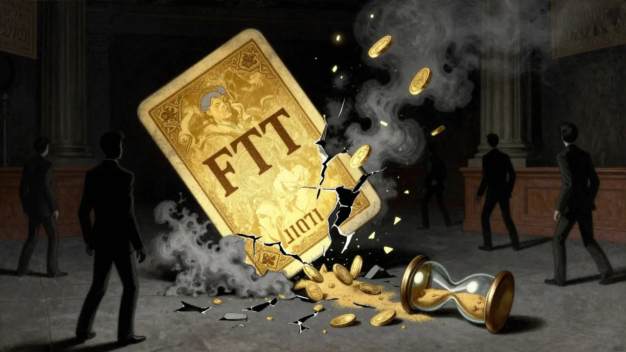 Разрушающийся токен FTT превращается в пепел над темным биржевым полом, фигуры отворачиваются.